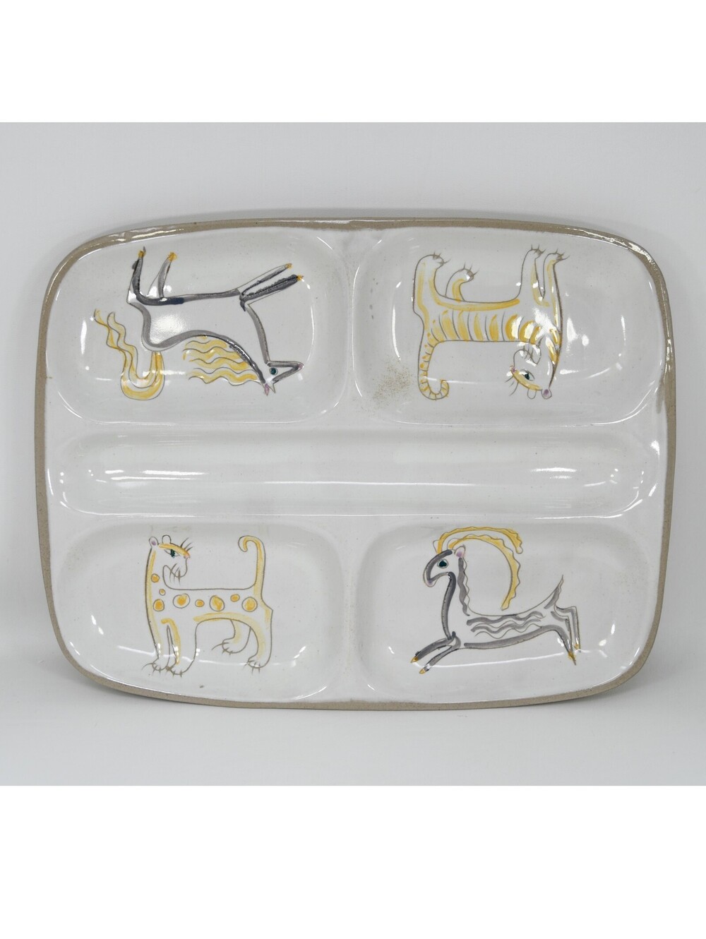 Glidden Pottery Menagerie Circus Divided Serving Tray Dish 15" MCM VTG Tiger Cat